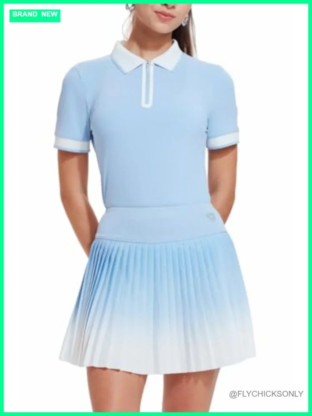 2 Piece Tennis Active Skort Set with Zipper Polo Top & Pleated Skirt